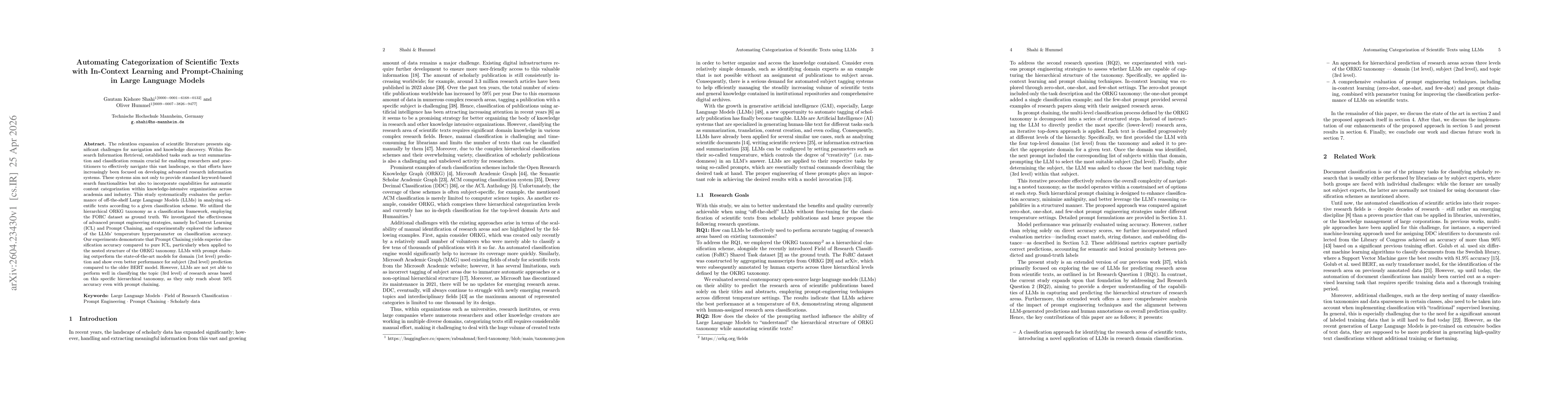 Thumbnail for Automating Categorization of Scientific Texts with In-Context Learning and Prompt-Chaining in Large Language Models