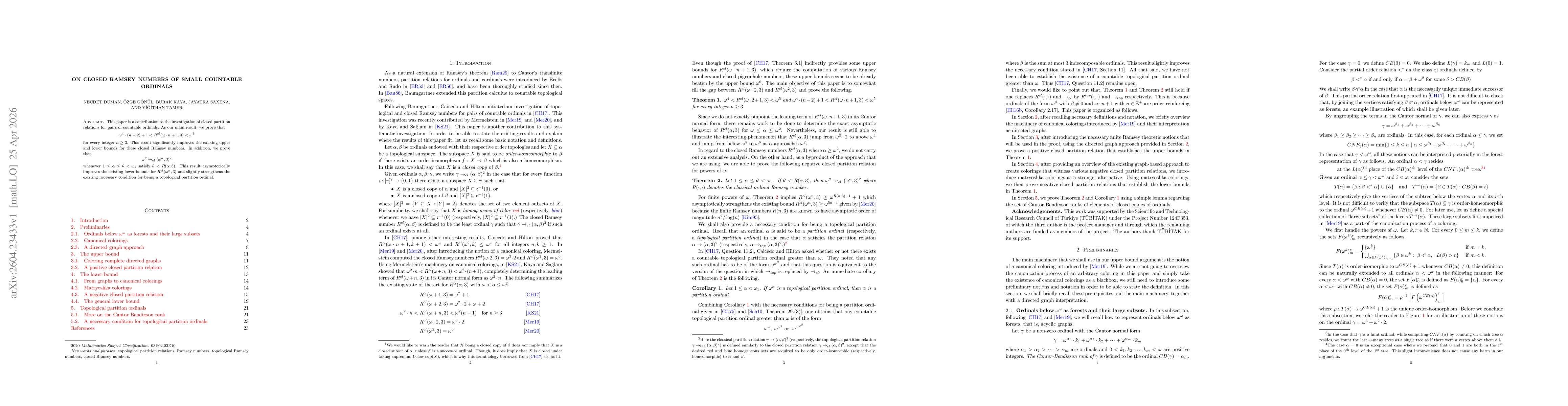 Thumbnail for On closed Ramsey numbers of small countable ordinals