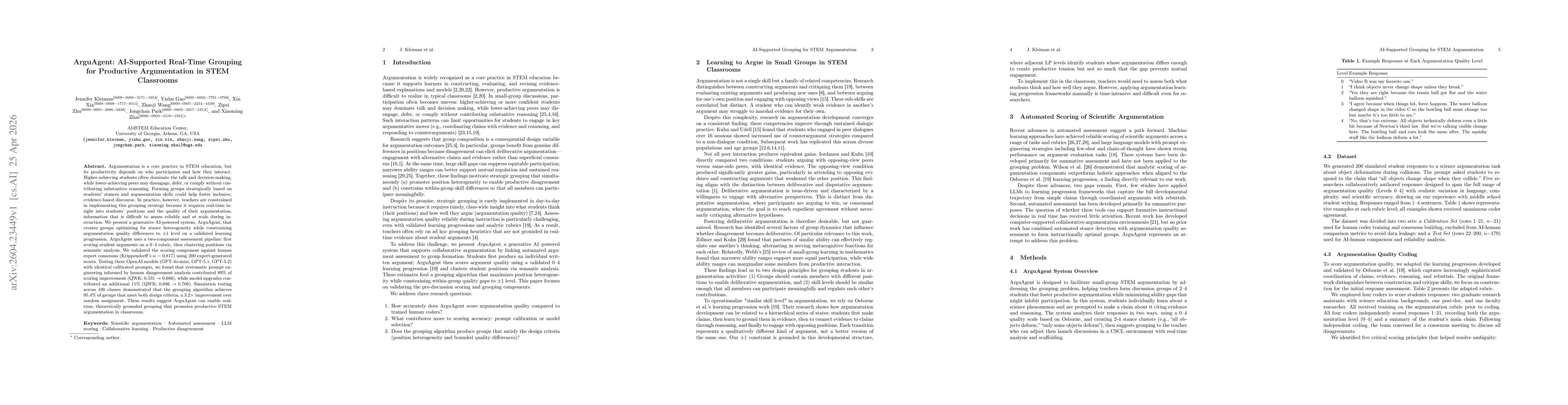 Thumbnail for ArguAgent: AI-Supported Real-Time Grouping for Productive Argumentation in STEM Classrooms