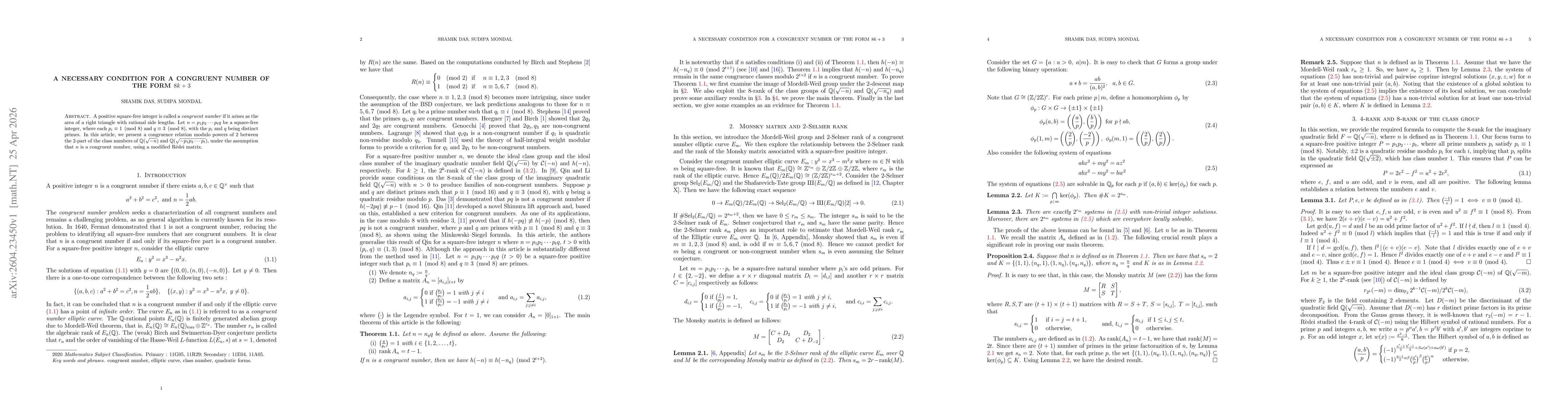 Thumbnail for A necessary condition for a congruent number of the form $8k+3$
