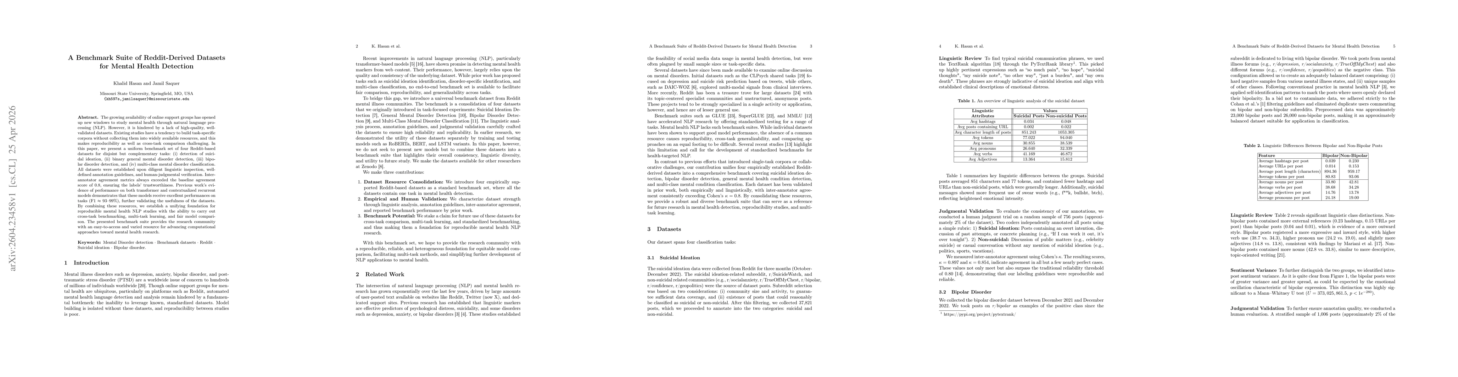 Thumbnail for A Benchmark Suite of Reddit-Derived Datasets for Mental Health Detection