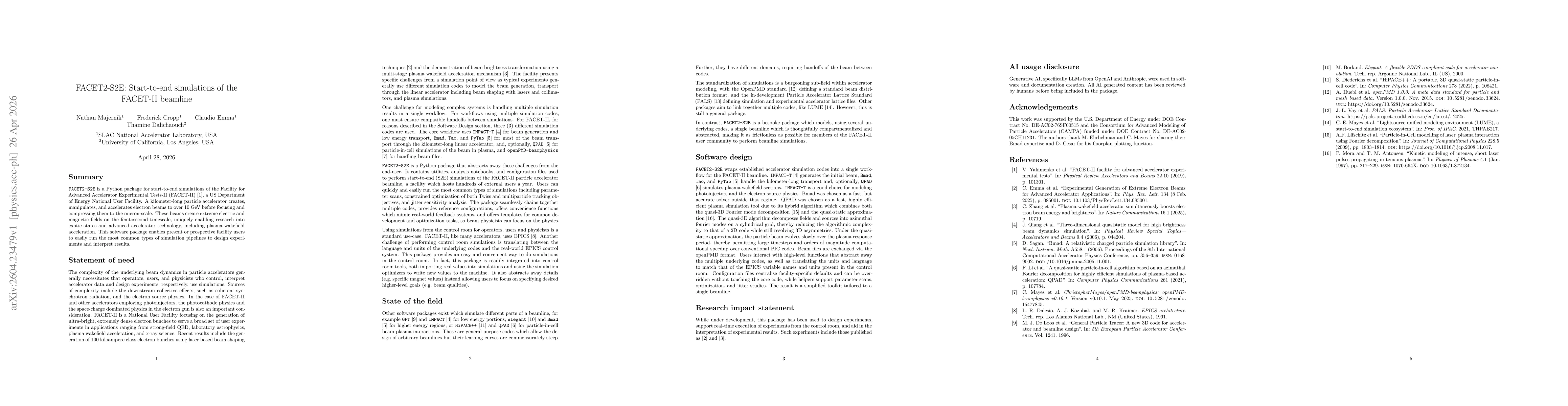 Thumbnail for FACET2-S2E: Start-to-end simulations of the FACET-II beamline