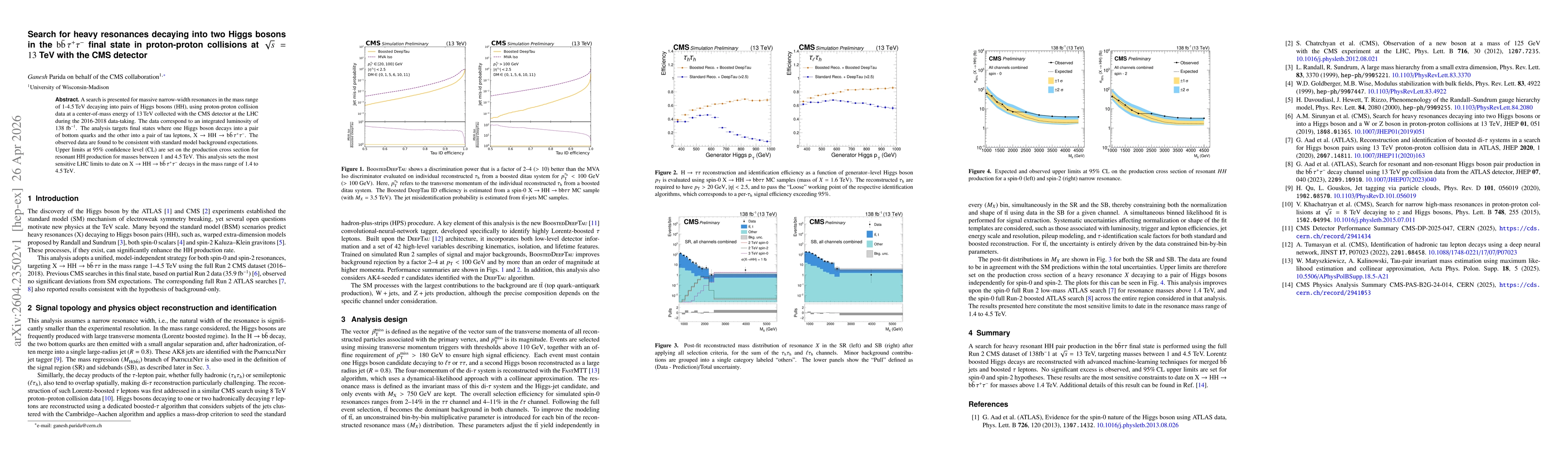 Thumbnail for Search for heavy resonances decaying into two Higgs bosons in the $\mathrm{b}\bar{\mathrm{b}}\,τ^{+}τ^{-}$ final state in proton-proton collisions at $\sqrt{s}=13~\text{TeV}$ with the CMS detector