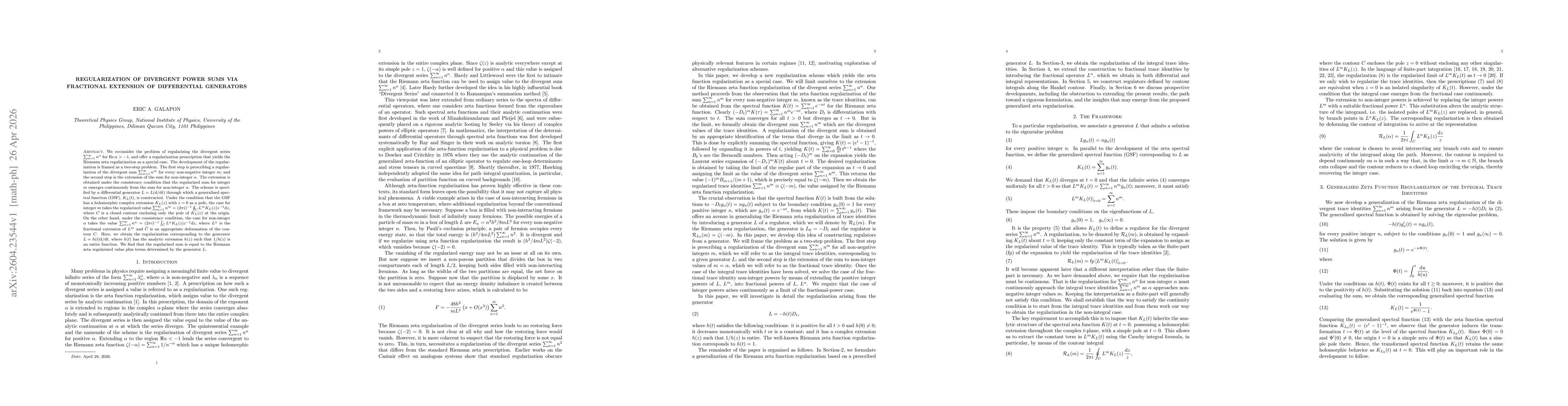 Thumbnail for Regularization of Divergent Power Sums via Fractional Extension of Differential Generators