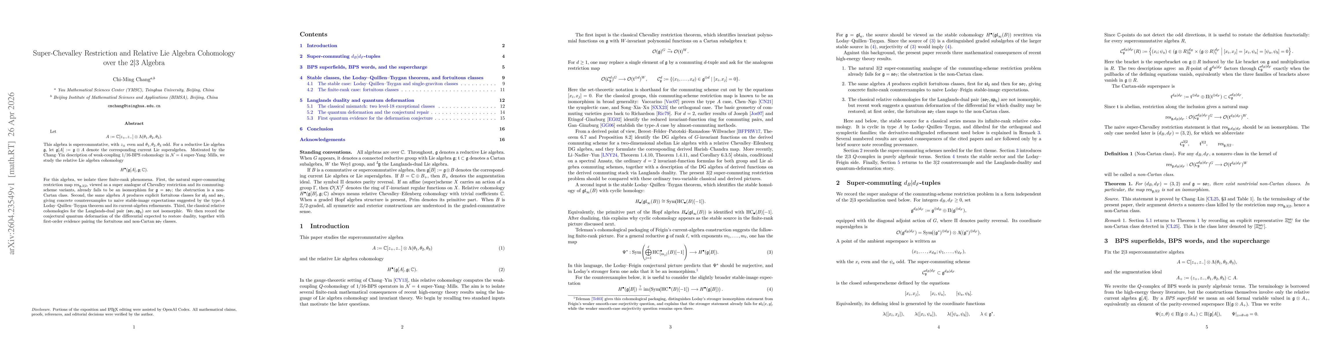 Thumbnail for Super-Chevalley Restriction and Relative Lie Algebra Cohomology over the 2|3 Algebra