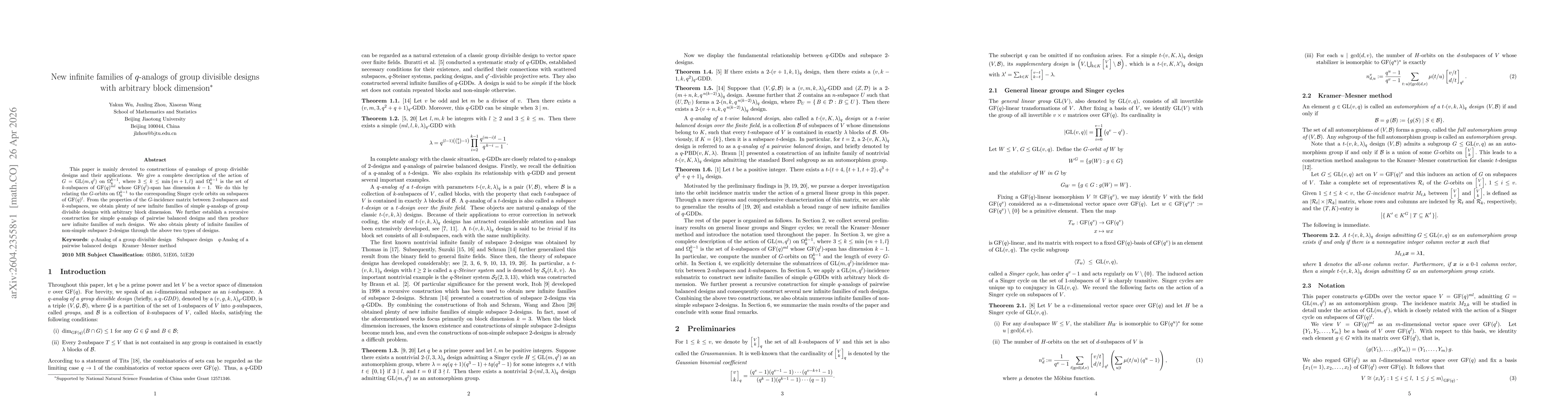 Thumbnail for New infinite families of $q$-analogs of group divisible designs with arbitrary block dimension