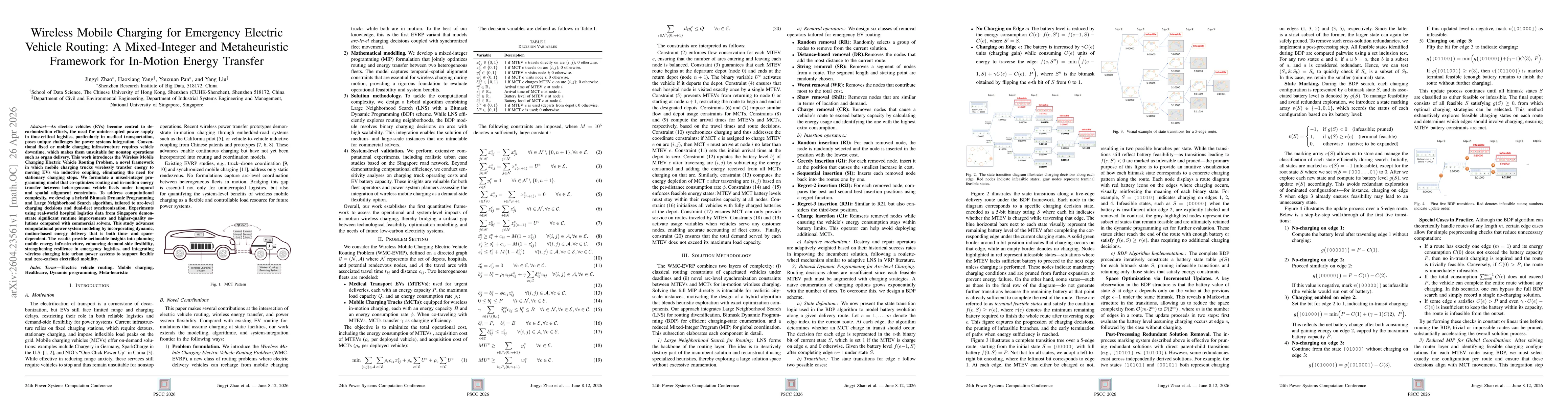 Thumbnail for Wireless Mobile Charging for Emergency Electric Vehicle Routing: A Mixed-Integer and Metaheuristic Framework for In-Motion Energy Transfer