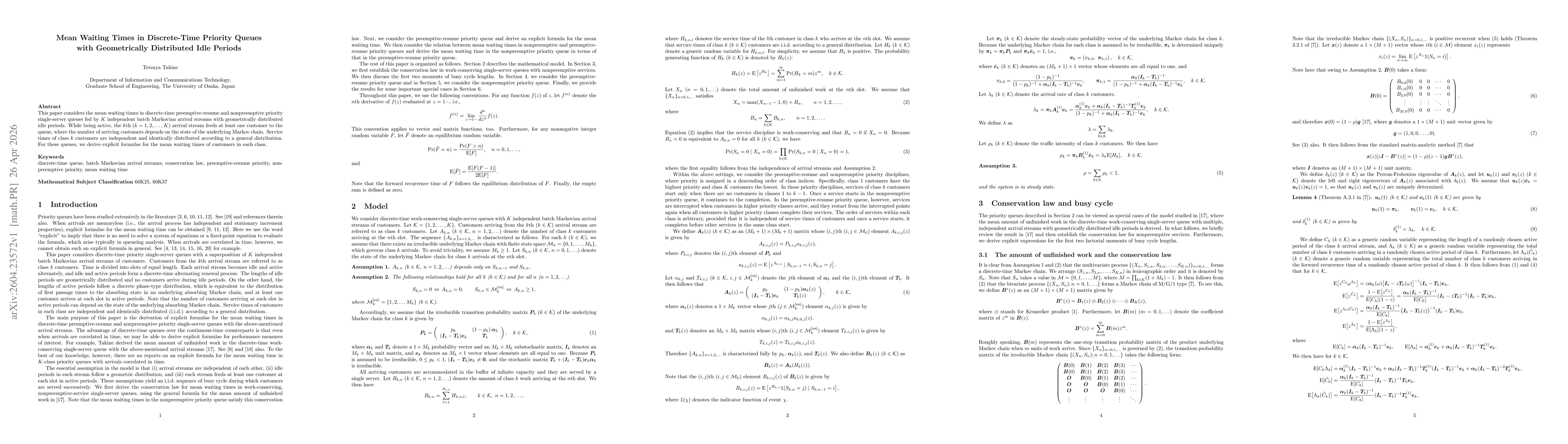 Thumbnail for Mean Waiting Times in Discrete-Time Priority Queues with Geometrically Distributed Idle Periods