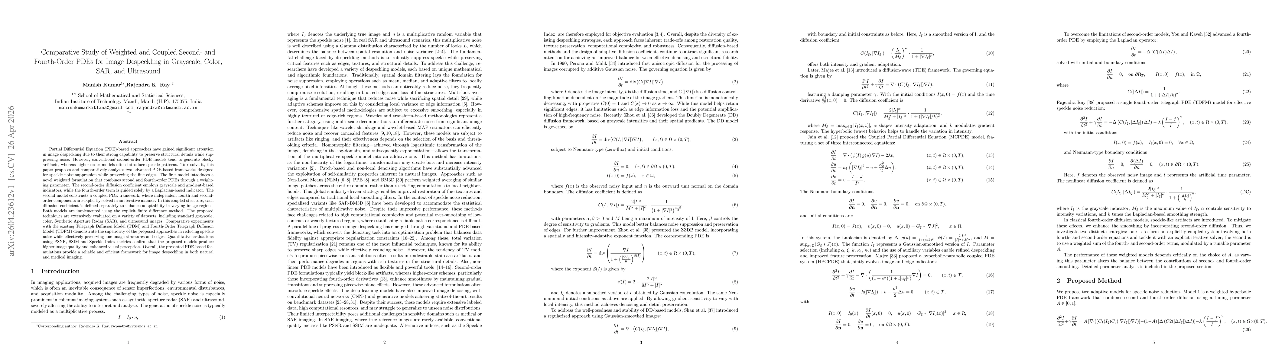 Thumbnail for Comparative Study of Weighted and Coupled Second- and Fourth-Order PDEs for Image Despeckling in Grayscale, Color, SAR, and Ultrasound