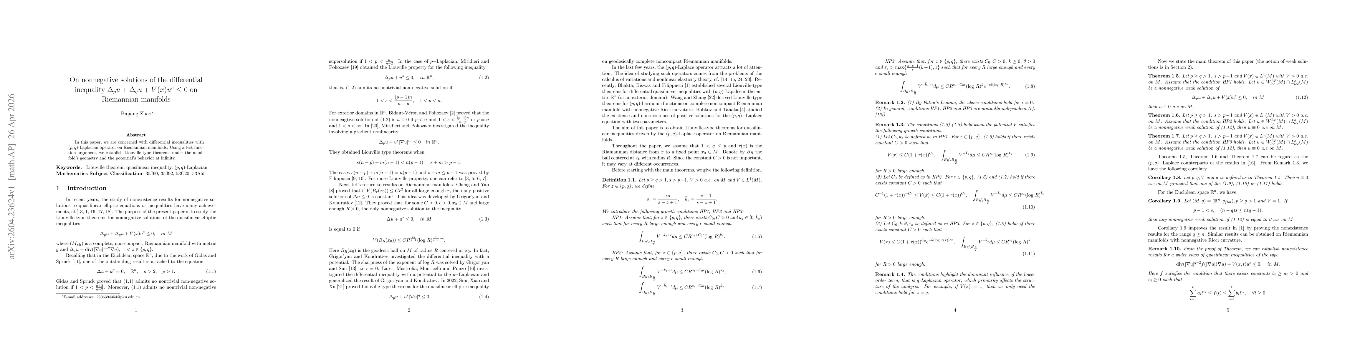 Thumbnail for On nonnegative solutions of the differential inequality $Δ_pu+ Δ_q u+V(x)u^s\leq 0$ on Riemannian manifolds