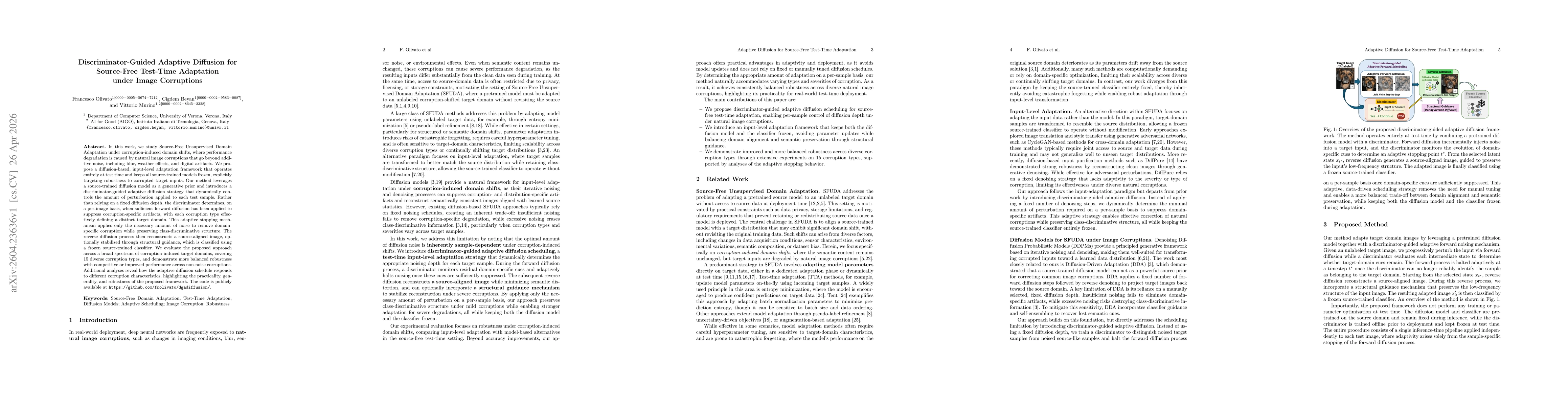 Thumbnail for Discriminator-Guided Adaptive Diffusion for Source-Free Test-Time Adaptation under Image Corruptions