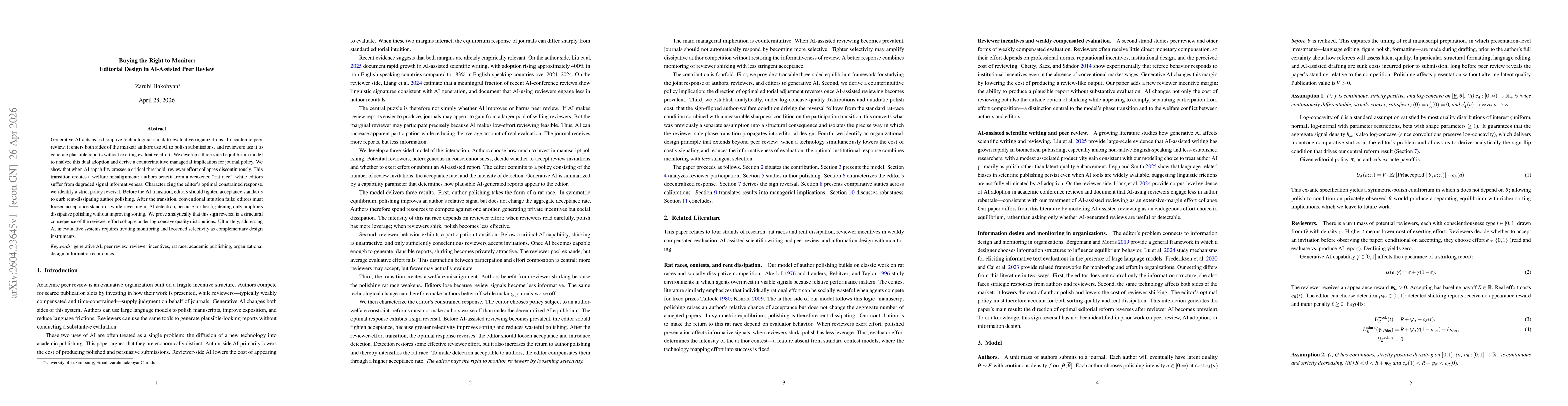 Thumbnail for Buying the Right to Monitor:Editorial Design in AI-Assisted Peer Review