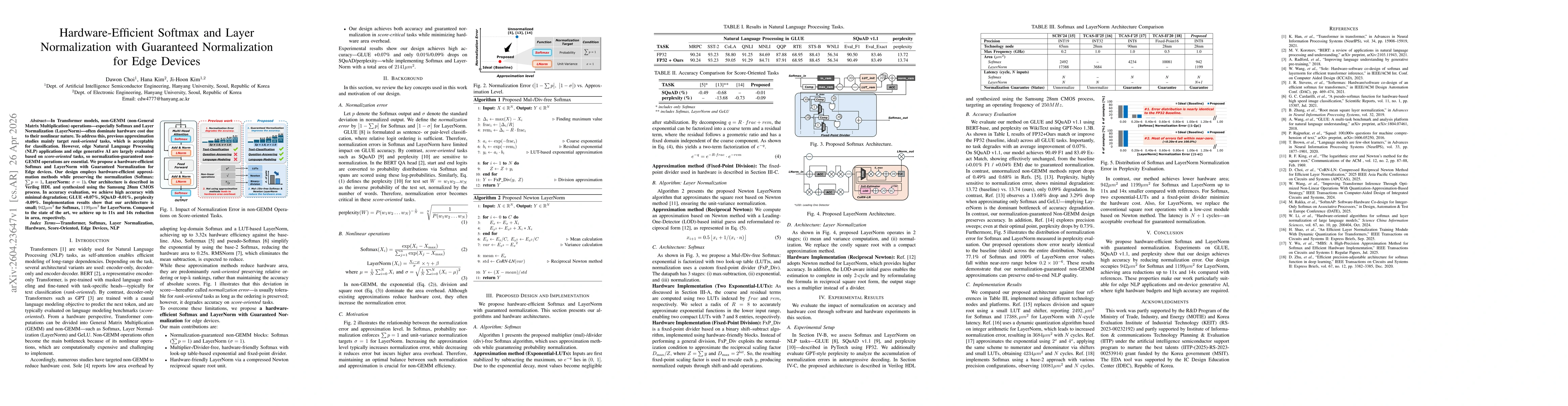 Thumbnail for Hardware-Efficient Softmax and Layer Normalization with Guaranteed Normalization for Edge Devices