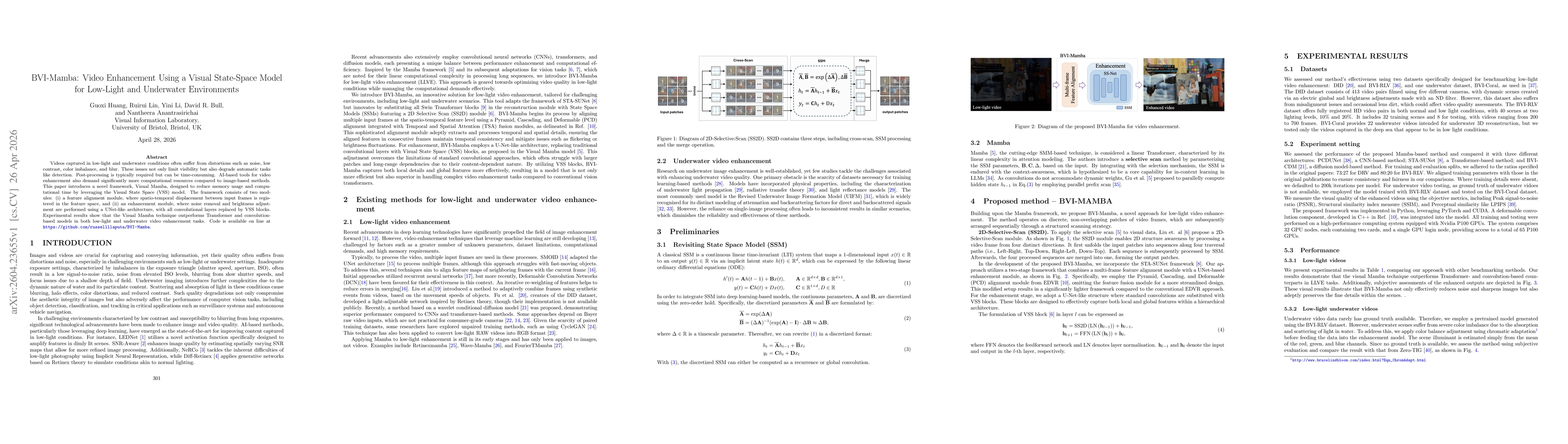 Thumbnail for BVI-Mamba: Video Enhancement Using a Visual State-Space Model for Low-Light and Underwater Environments