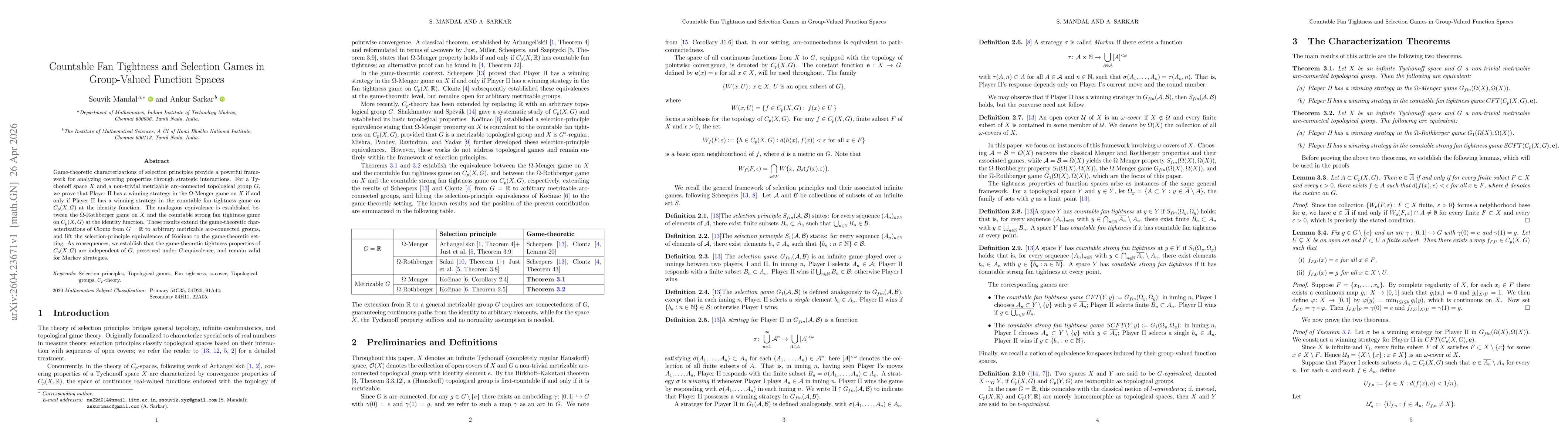 Thumbnail for Countable Fan Tightness and Selection Games in Group-Valued Function Spaces