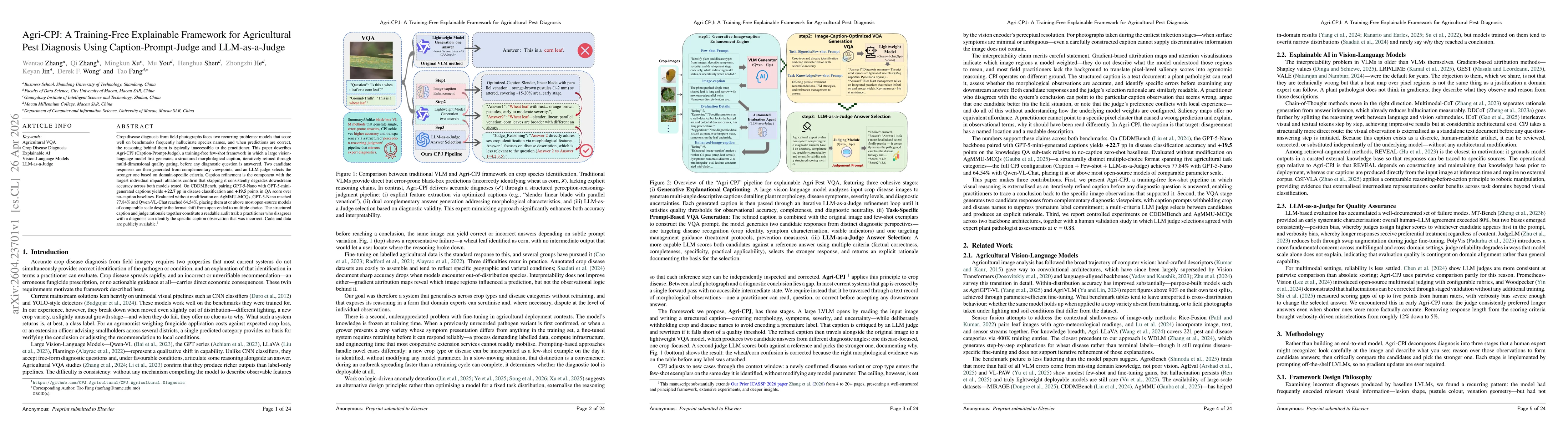 Thumbnail for Agri-CPJ: A Training-Free Explainable Framework for Agricultural Pest Diagnosis Using Caption-Prompt-Judge and LLM-as-a-Judge