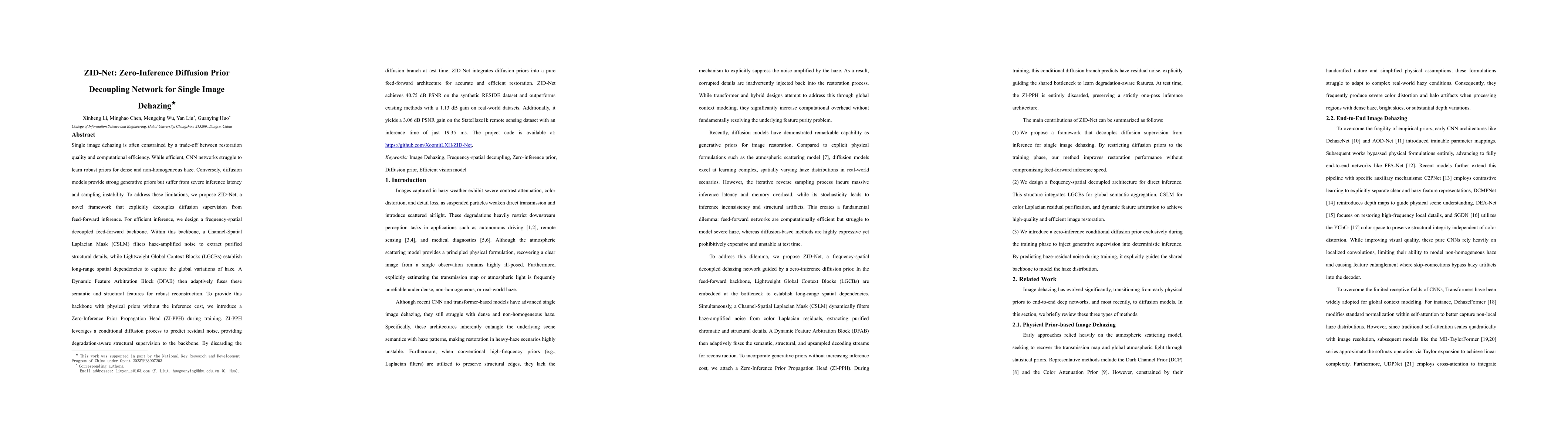 Thumbnail for ZID-Net: Zero-Inference Diffusion Prior Decoupling Network for Single Image Dehazing