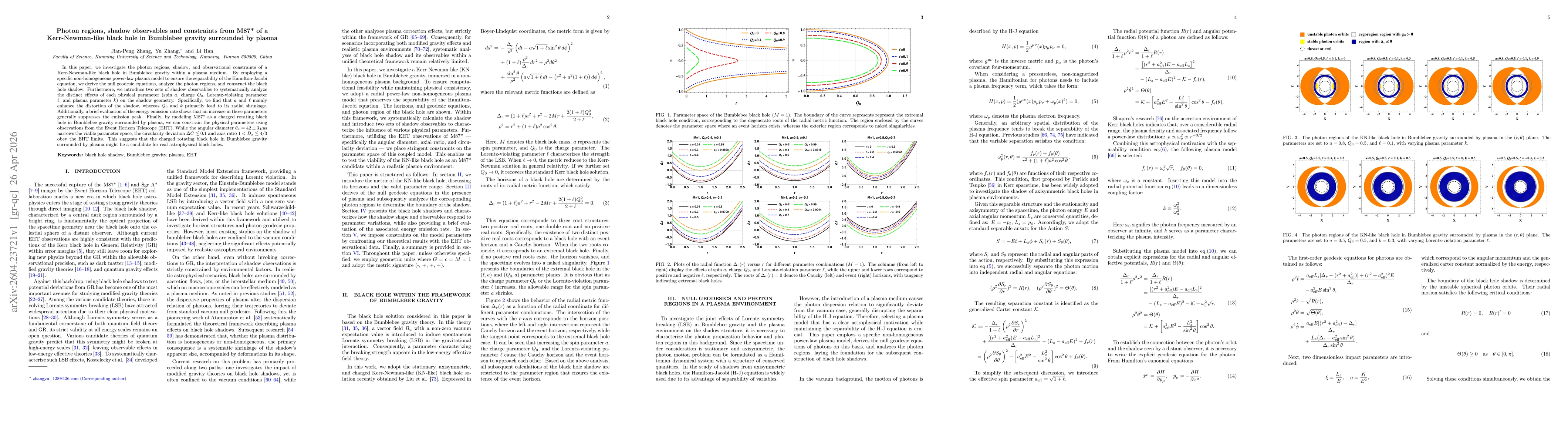 Thumbnail for Photon regions, shadow observables and constraints from M87* of a Kerr-Newman-like black hole in Bumblebee gravity surrounded by plasma
