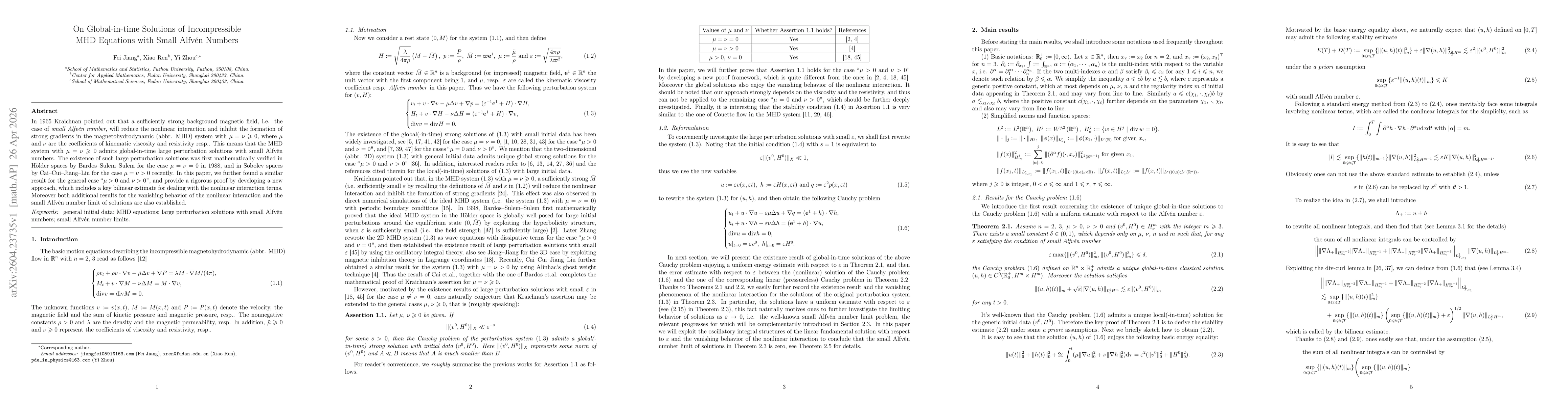 Thumbnail for On Global-in-time Solutions of Incompressible MHD Equations with Small Alfvén Numbers