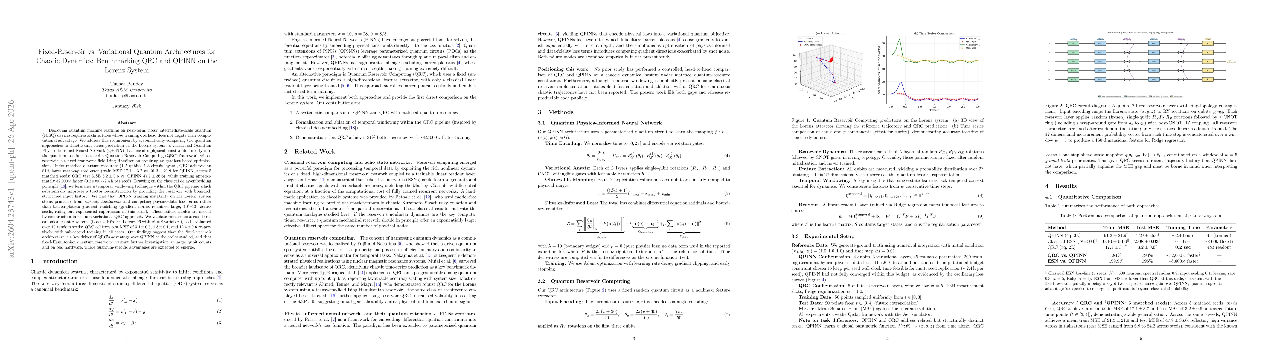 Thumbnail for Fixed-Reservoir vs Variational Quantum Architectures for Chaotic Dynamics: Benchmarking QRC and QPINN on the Lorenz System