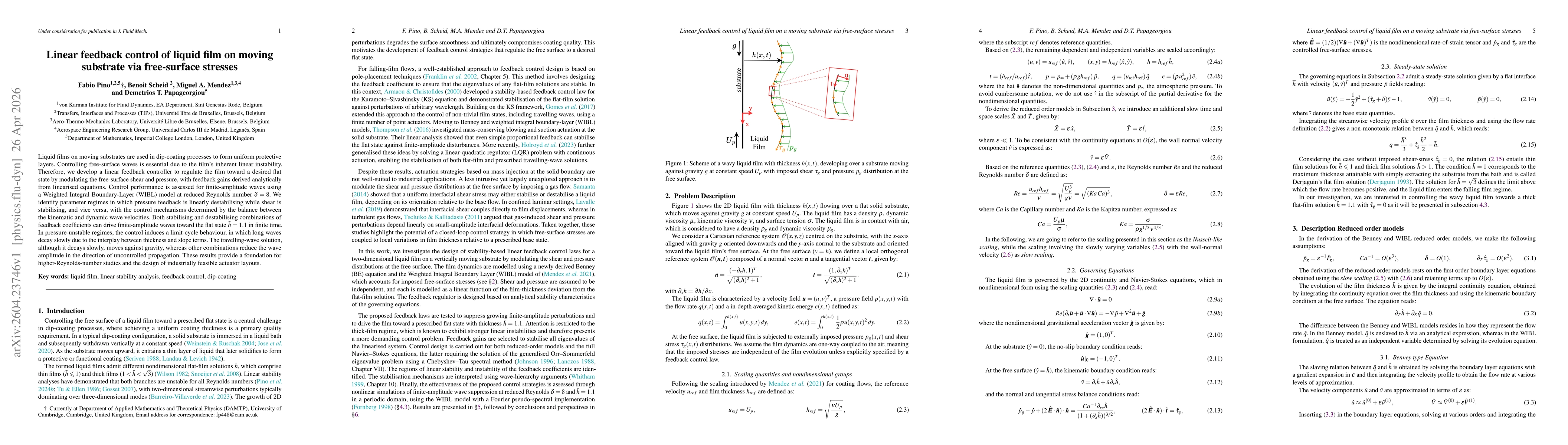 Thumbnail for Linear feedback control of liquid film on moving substrate via free-surface stresses
