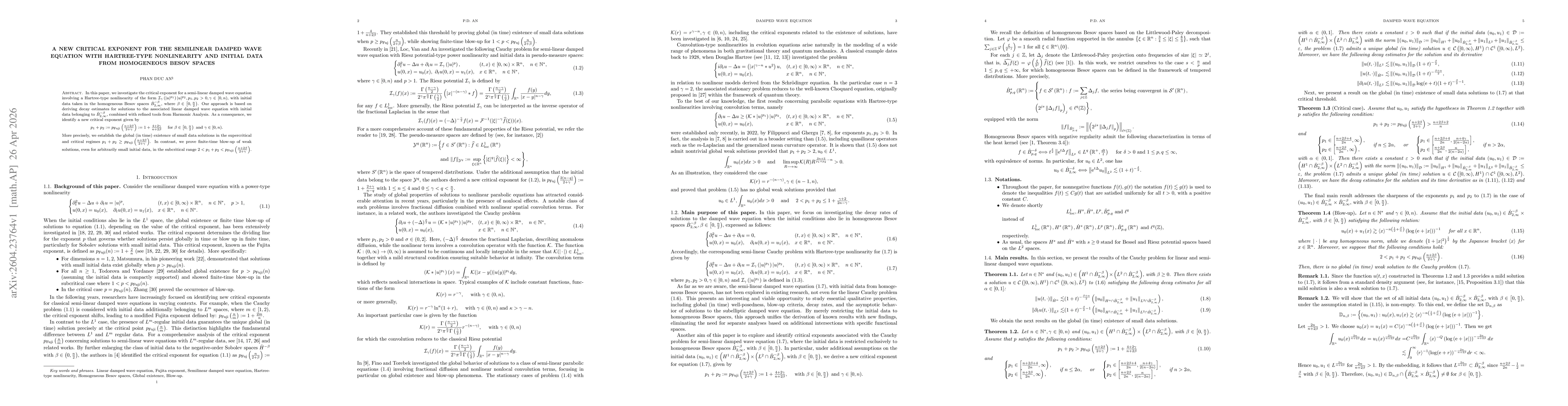 Thumbnail for A new critical exponent for the semilinear damped wave equation with Hartree-type nonlinearity and initial data from homogeneous Besov spaces