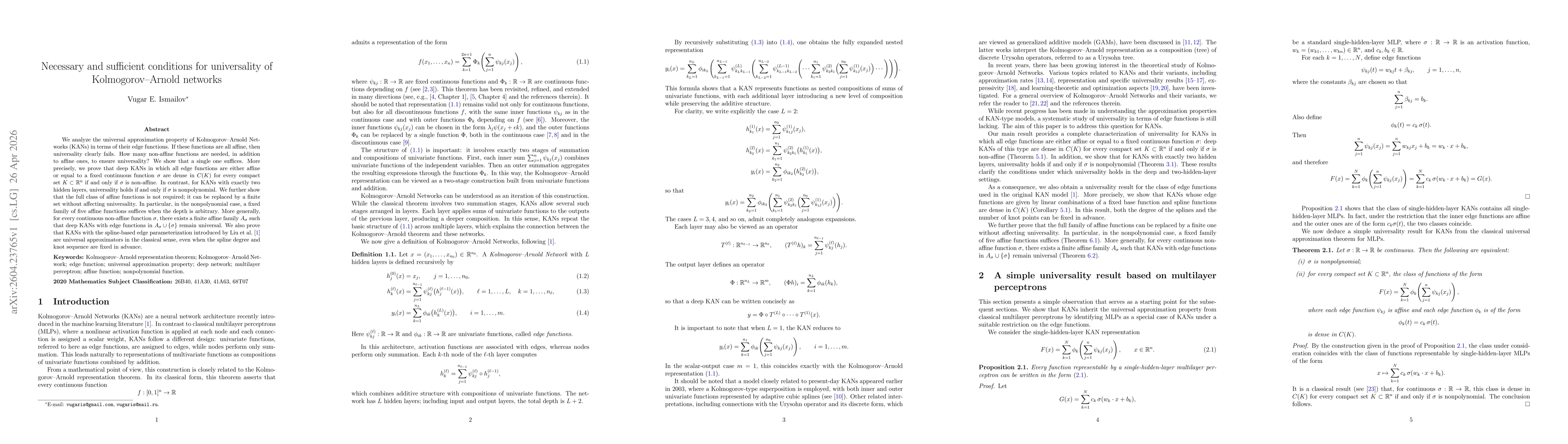 Thumbnail for Necessary and sufficient conditions for universality of Kolmogorov-Arnold networks