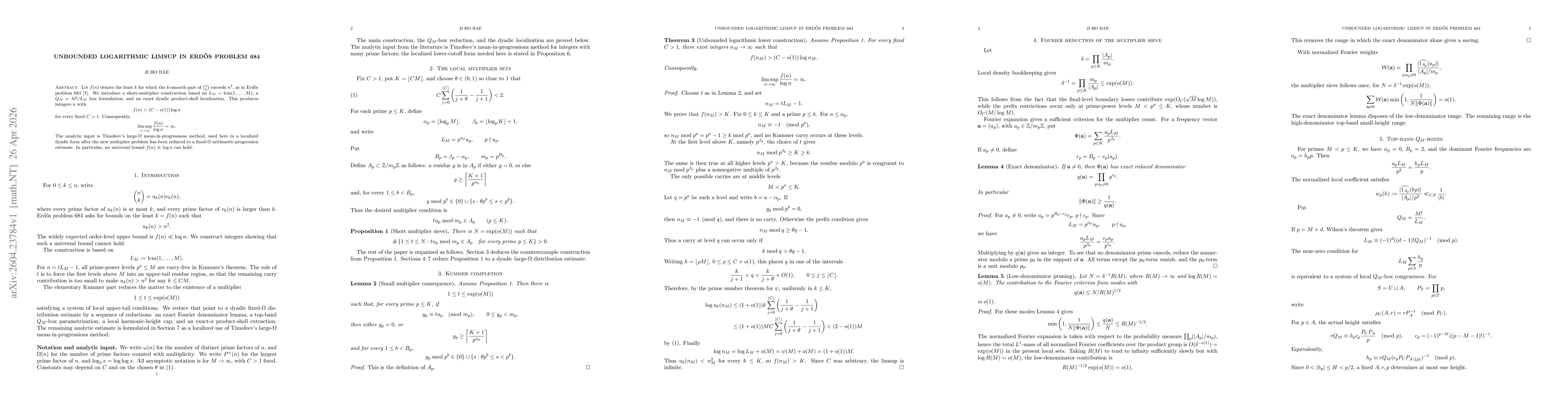 Thumbnail for Unbounded logarithmic limsup in Erdős problem 684