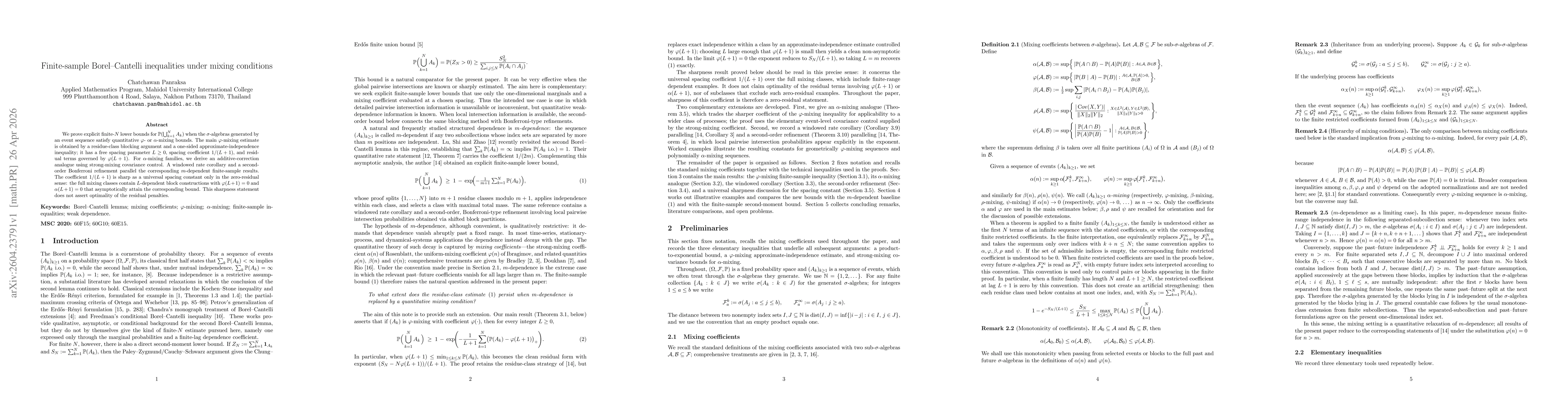 Thumbnail for Finite-sample Borel--Cantelli inequalities under mixing conditions