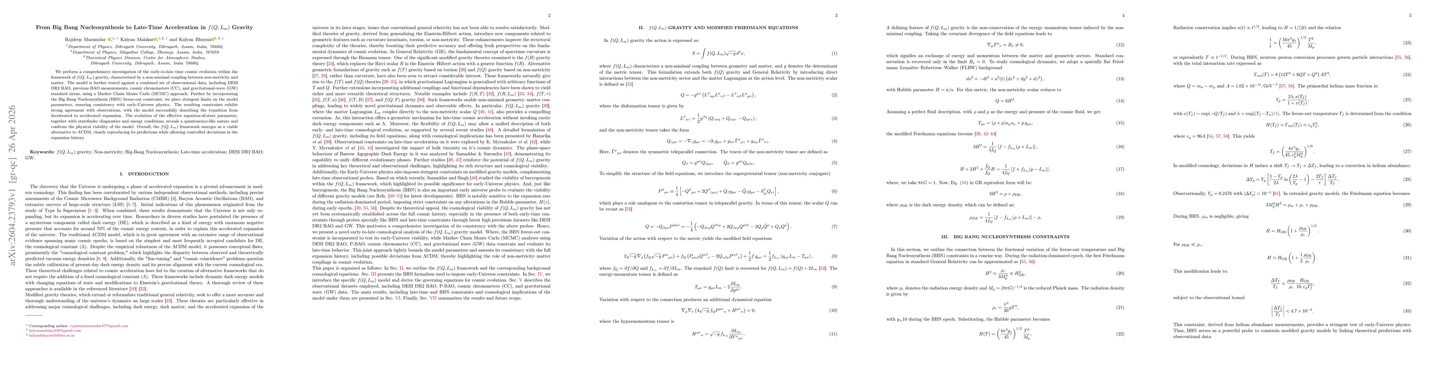 Thumbnail for From Big Bang Nucleosynthesis to Late-Time Acceleration in $f(Q,L_m)$ Gravity