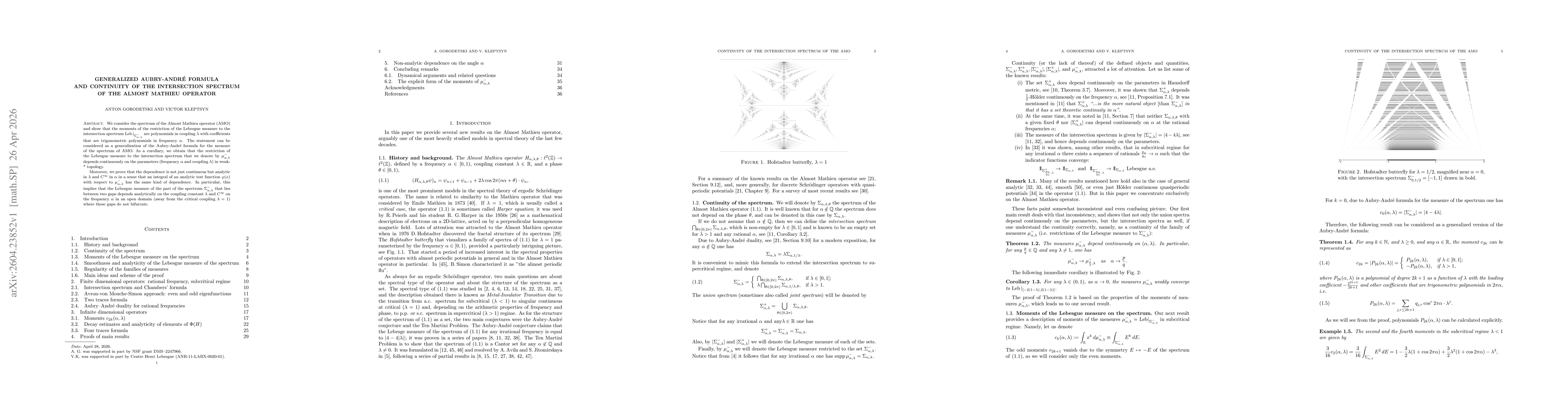 Thumbnail for Generalized Aubry-André formula and continuity of the intersection spectrum of the Almost Mathieu operator