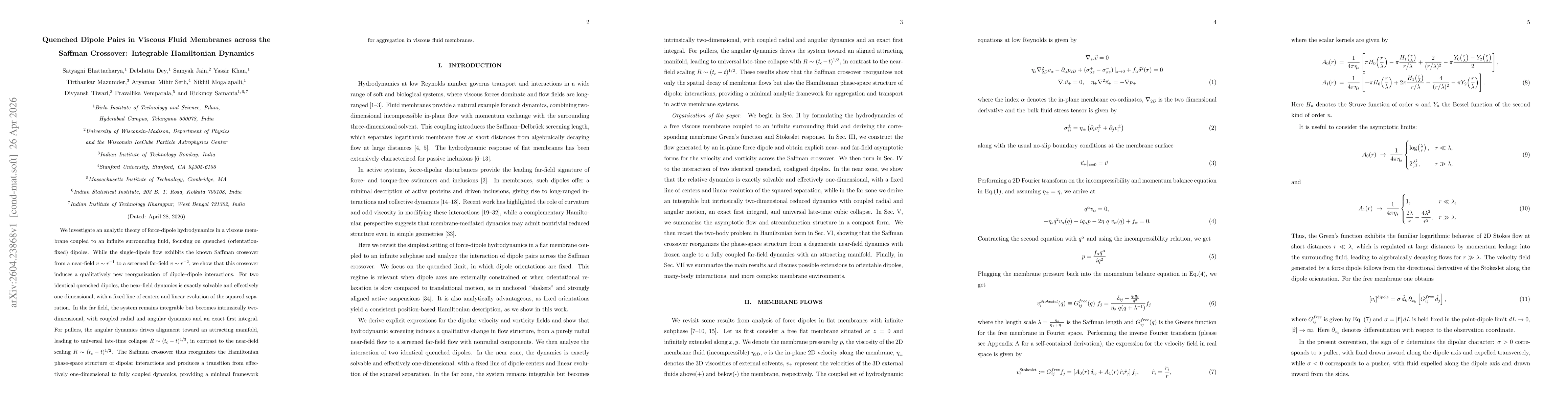 Thumbnail for Quenched Dipole Pairs in Viscous Fluid Membranes across the Saffman Crossover: Integrable Hamiltonian Dynamics