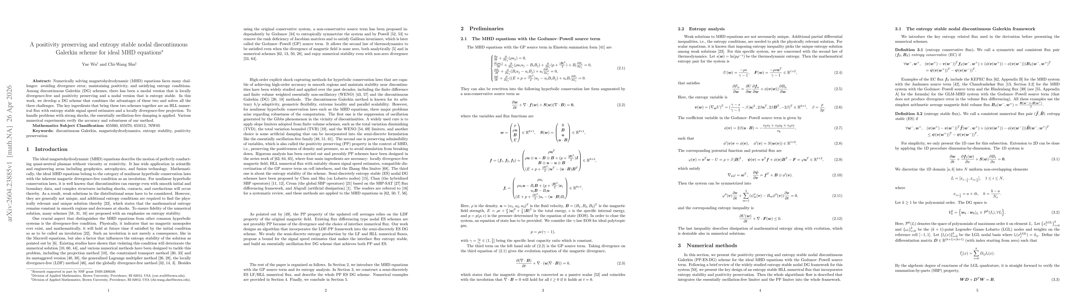 Thumbnail for A positivity preserving and entropy stable nodal discontinuous Galerkin scheme for ideal MHD equations