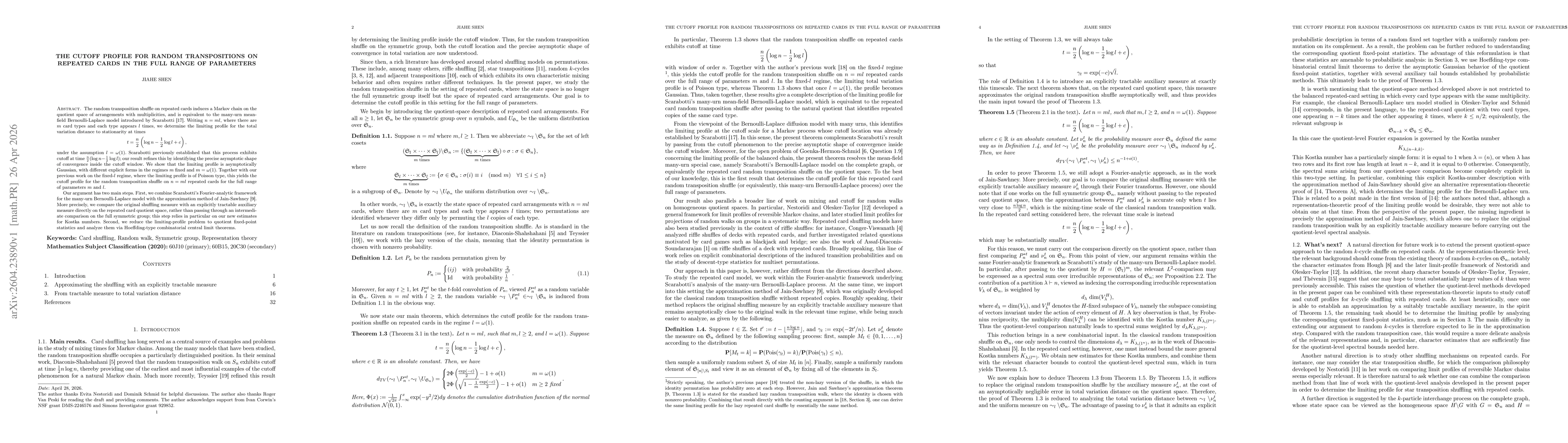 Thumbnail for The Cutoff Profile for Random Transpositions on Repeated Cards in the Full Range of Parameters