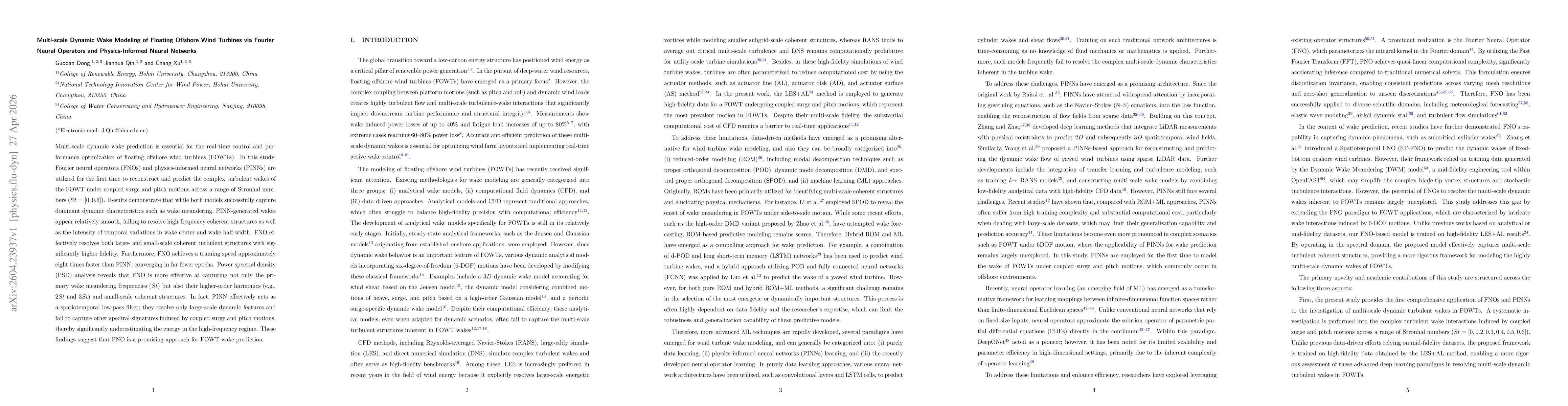 Thumbnail for Multi-scale Dynamic Wake Modeling of Floating Offshore Wind Turbines via Fourier Neural Operators and Physics-Informed Neural Networks