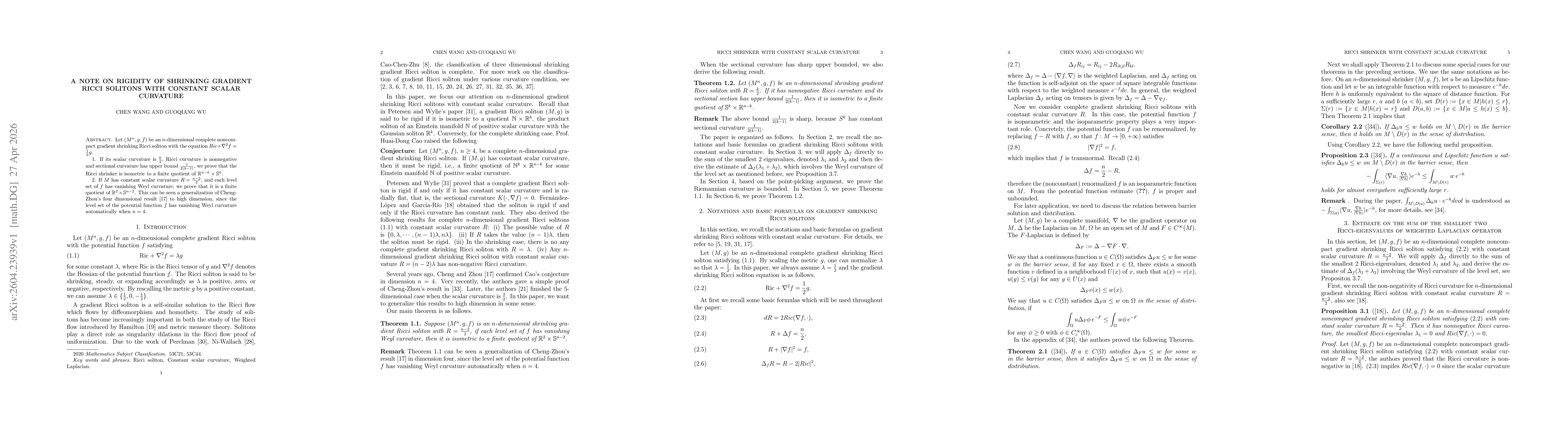 Thumbnail for A note on Rigidity of Shrinking Gradient Ricci Solitons with Constant Scalar Curvature