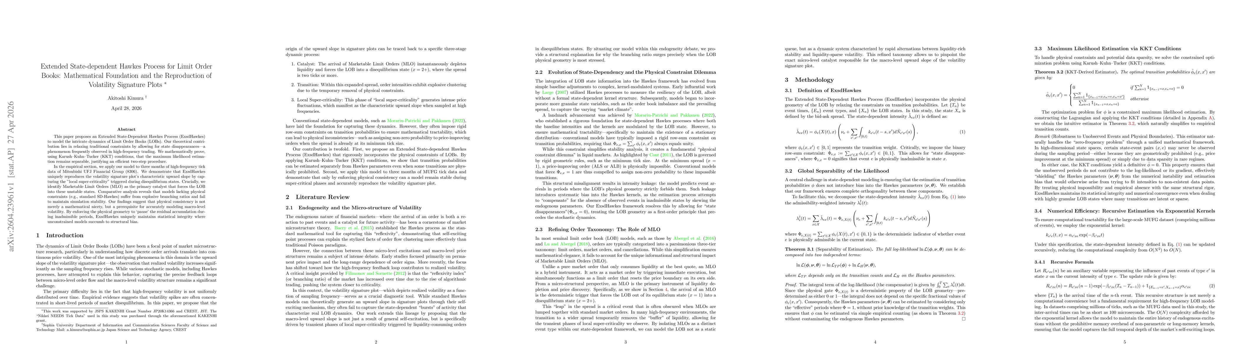 Thumbnail for Extended State-dependent Hawkes Process for Limit Order Books: Mathematical Foundation and the Reproduction of Volatility Signature Plots