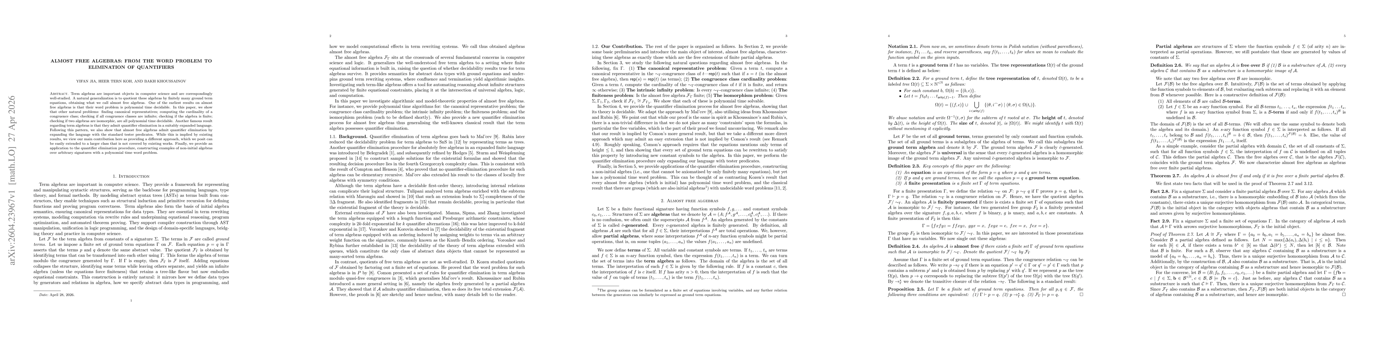 Thumbnail for Almost free algebras: from the word problem to elimination of quantifiers