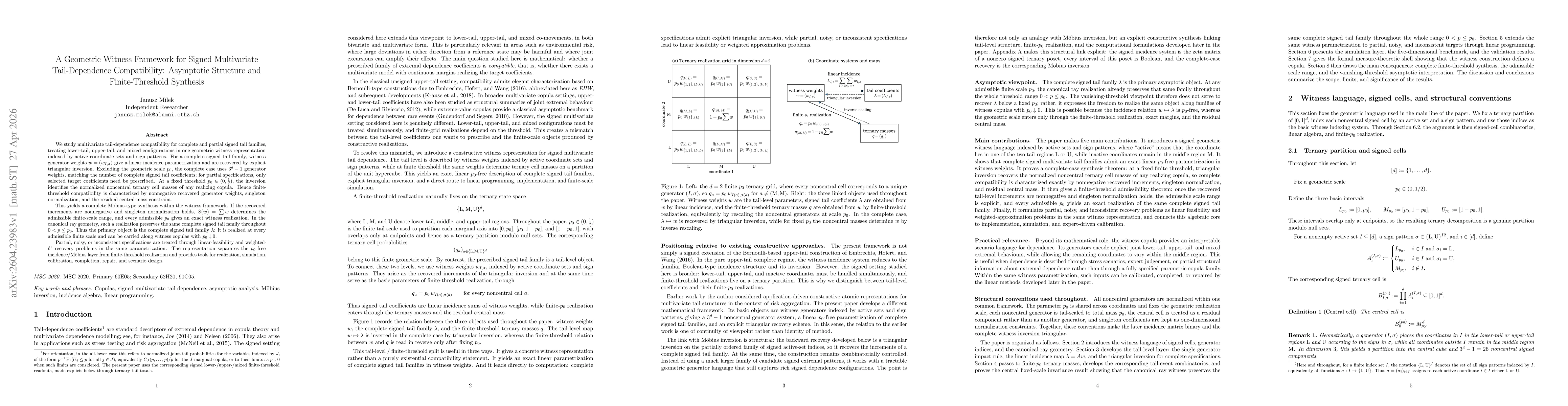Thumbnail for A Geometric Witness Framework for Signed Multivariate Tail-Dependence Compatibility: Asymptotic Structure and Finite-Threshold Synthesis