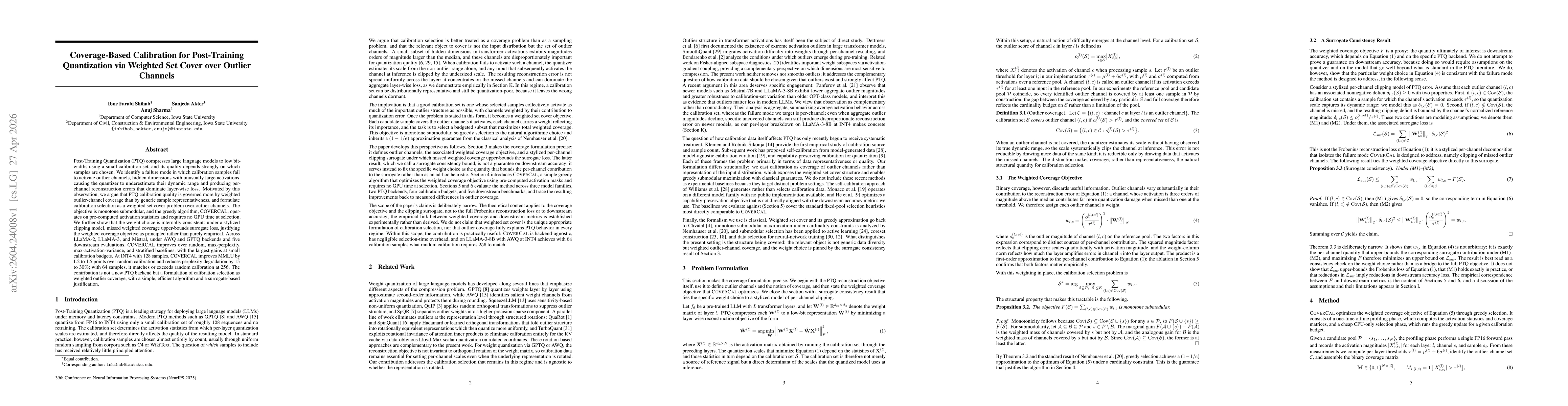 Thumbnail for Coverage-Based Calibration for Post-Training Quantization via Weighted Set Cover over Outlier Channels