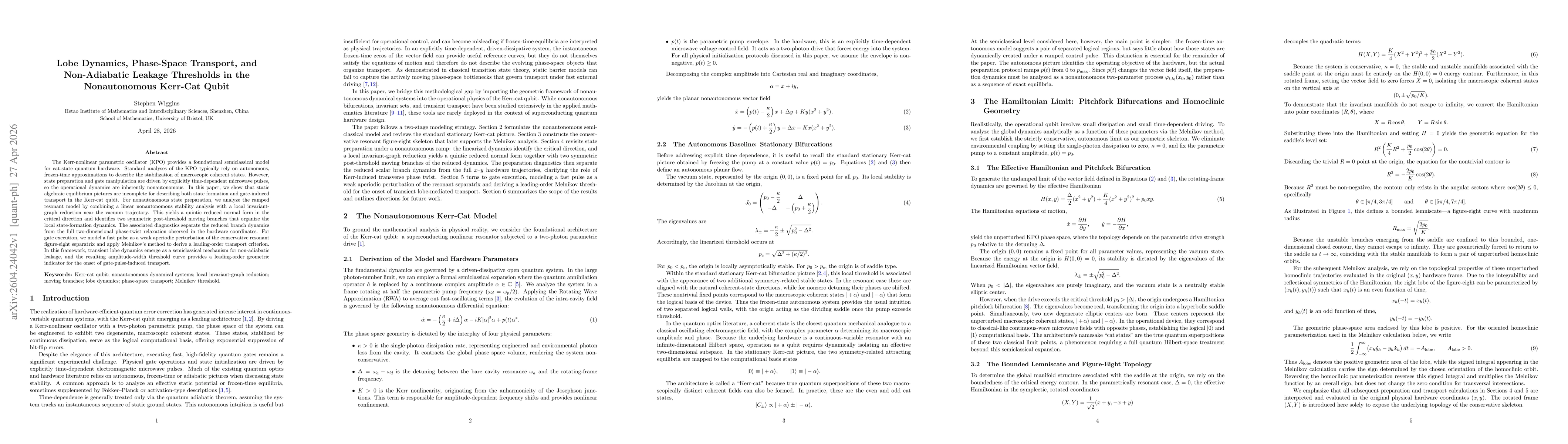 Thumbnail for Lobe Dynamics, Phase-Space Transport, and Non-Adiabatic Leakage Thresholds in the Nonautonomous Kerr-Cat Qubit