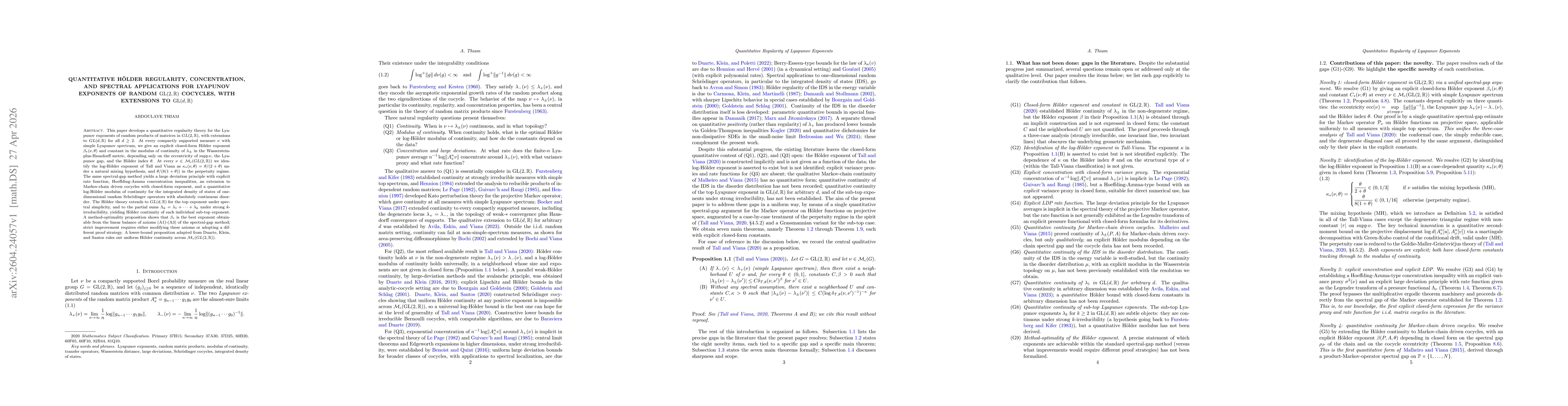 Thumbnail for Quantitative Hölder Regularity, Concentration, and Spectral Applications for Lyapunov Exponents of Random $GL(2,\mathbb{R})$ Cocycles, with Extensions to $GL(d,\mathbb{R})$