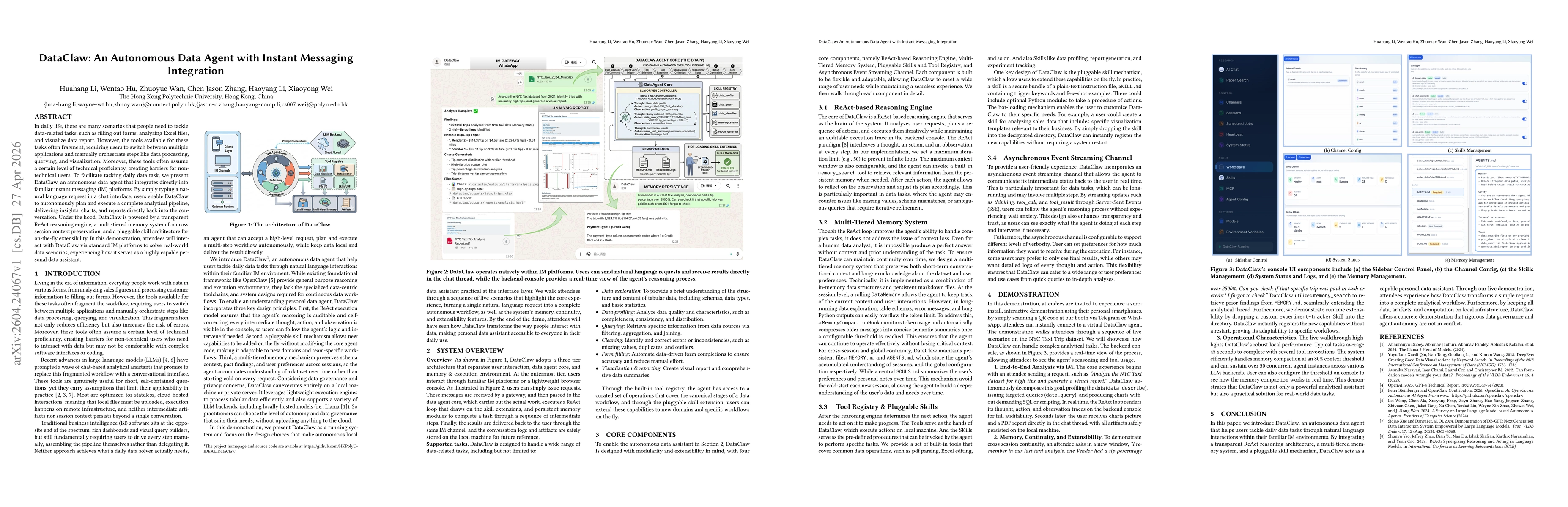 Thumbnail for DataClaw: An Autonomous Data Agent with Instant Messaging Integration