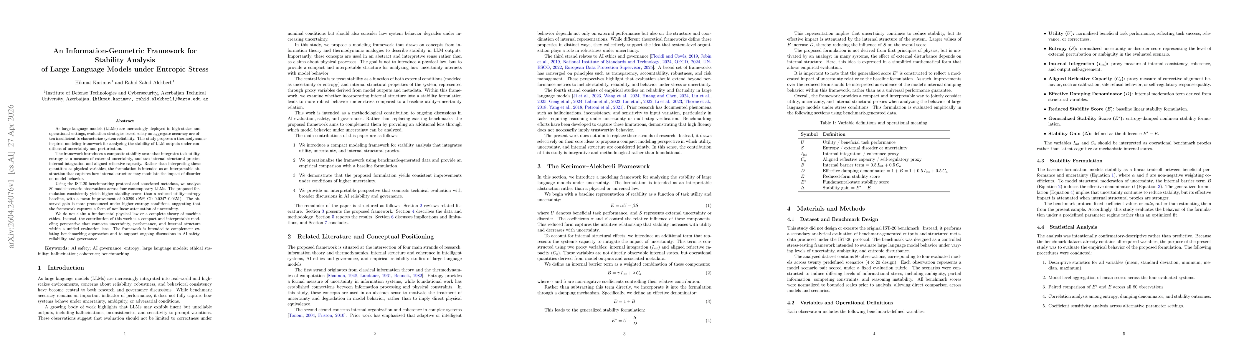 Thumbnail for An Information-Geometric Framework for Stability Analysis of Large Language Models under Entropic Stress