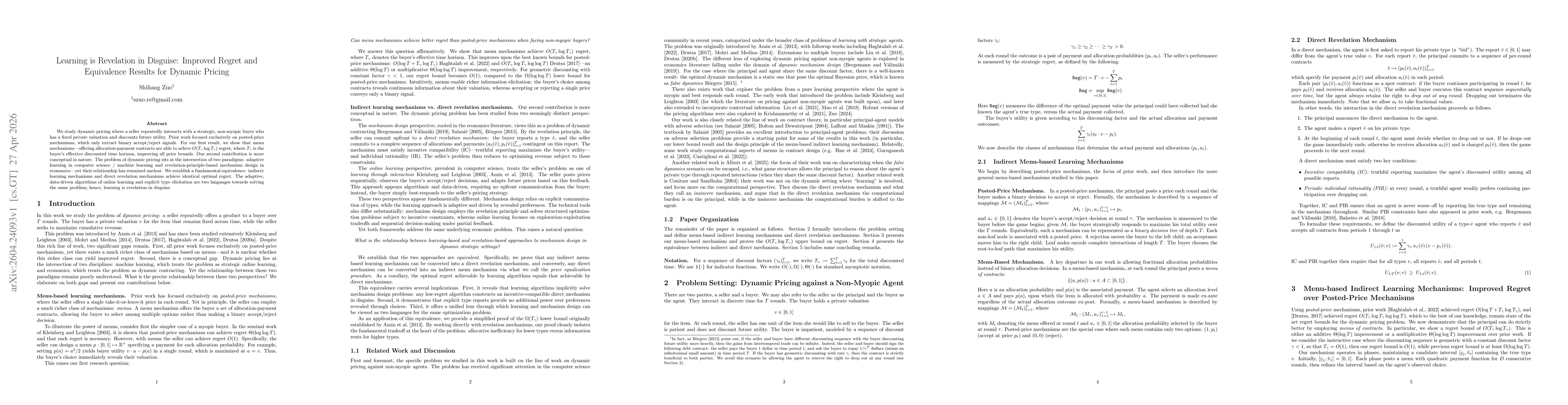 Thumbnail for Learning is Revelation in Disguise: Improved Regret and Equivalence Results for Dynamic Pricing