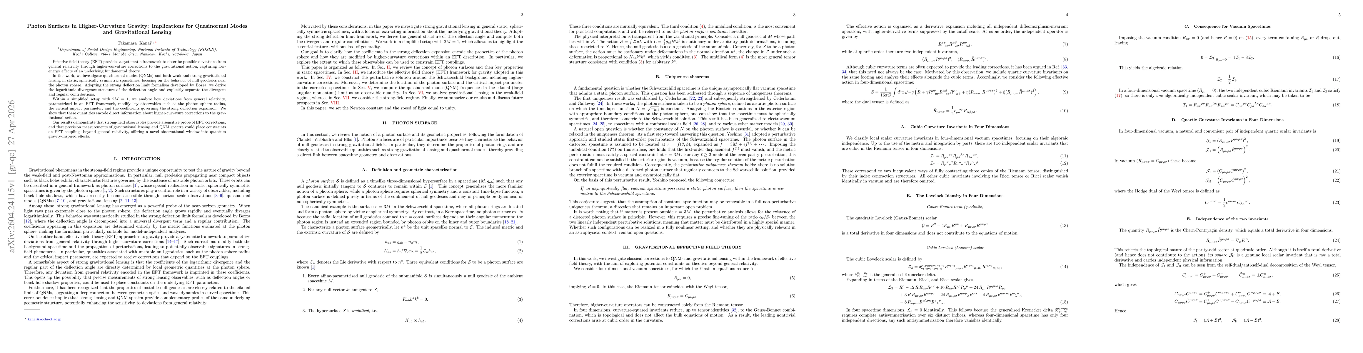 Thumbnail for Photon Surfaces in Higher-Curvature Gravity: Implications for Quasinormal Modes and Gravitational Lensing