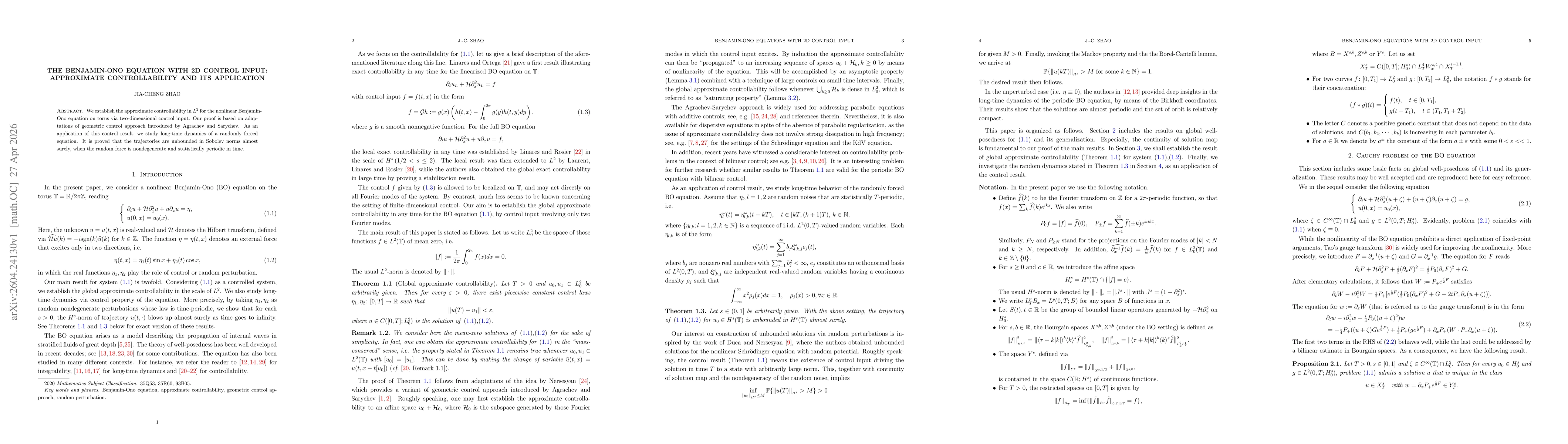 Thumbnail for The Benjamin-Ono equation with 2D control input: approximate controllability and its application