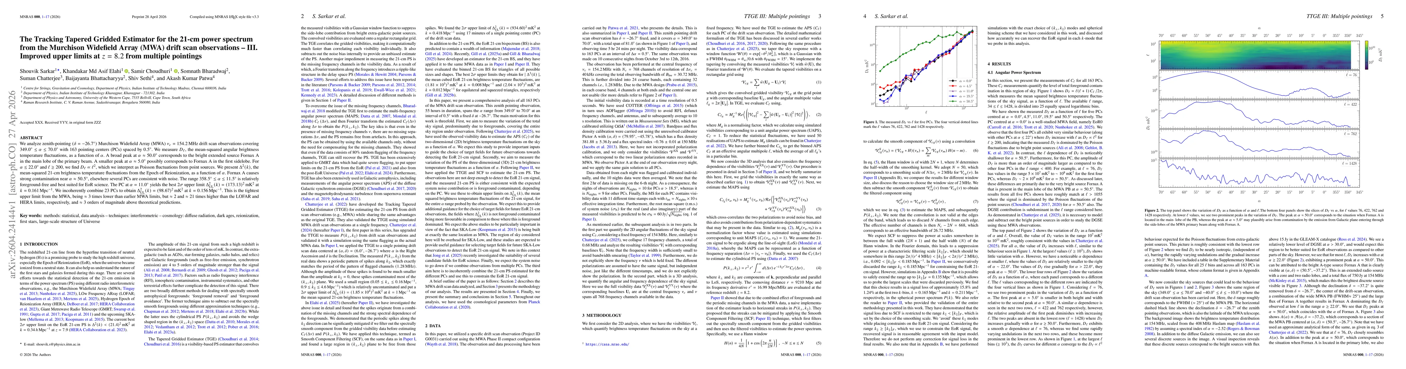 Thumbnail for The Tracking Tapered Gridded Estimator for the 21-cm power spectrum from the Murchison Widefield Array (MWA) drift scan observations -- III. Improved upper limits at $z = 8.2$ from multiple pointings