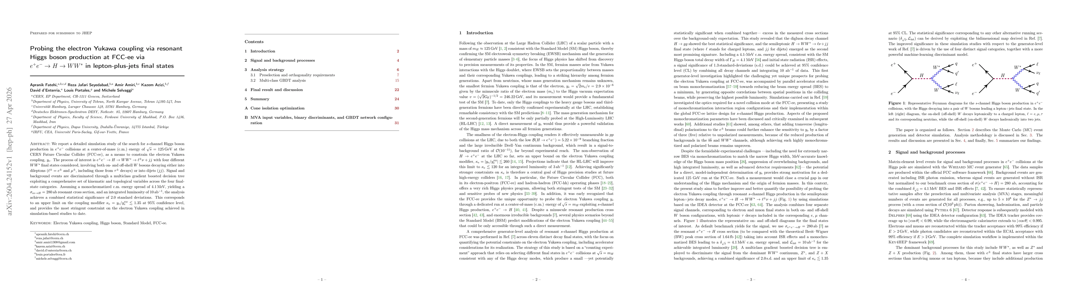 Thumbnail for Probing the electron Yukawa coupling via resonant Higgs boson production at FCC-ee via $e^+e^- \to H \to WW^*$ in lepton-plus-jets final states