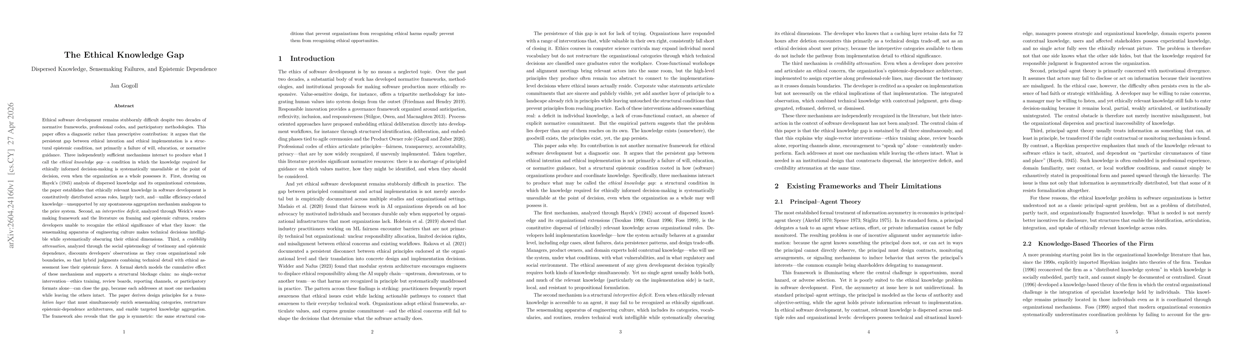 Thumbnail for The Ethical Knowledge Gap: Dispersed Knowledge, Sensemaking Failures, and Epistemic Dependence